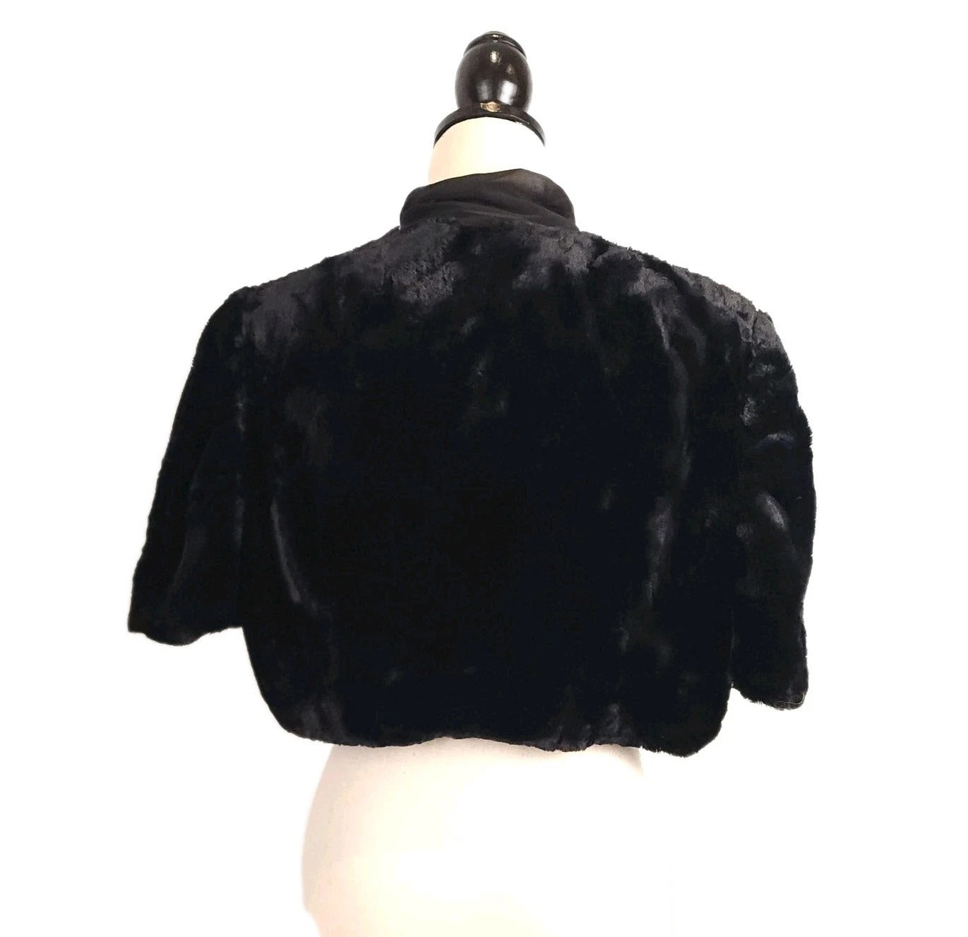 Ricki Cherry Sz L Ribbon Tie Stole Fine Faux Fur Jet Black MADE IN USA Vintage