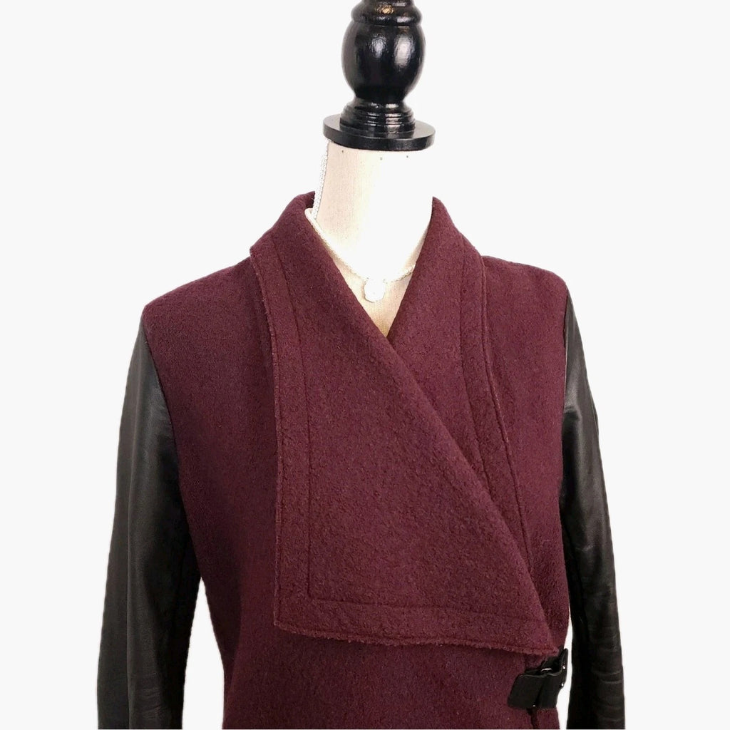 DANIER Leather & Wool Maroon Asymmetrical Coat Sz Medium