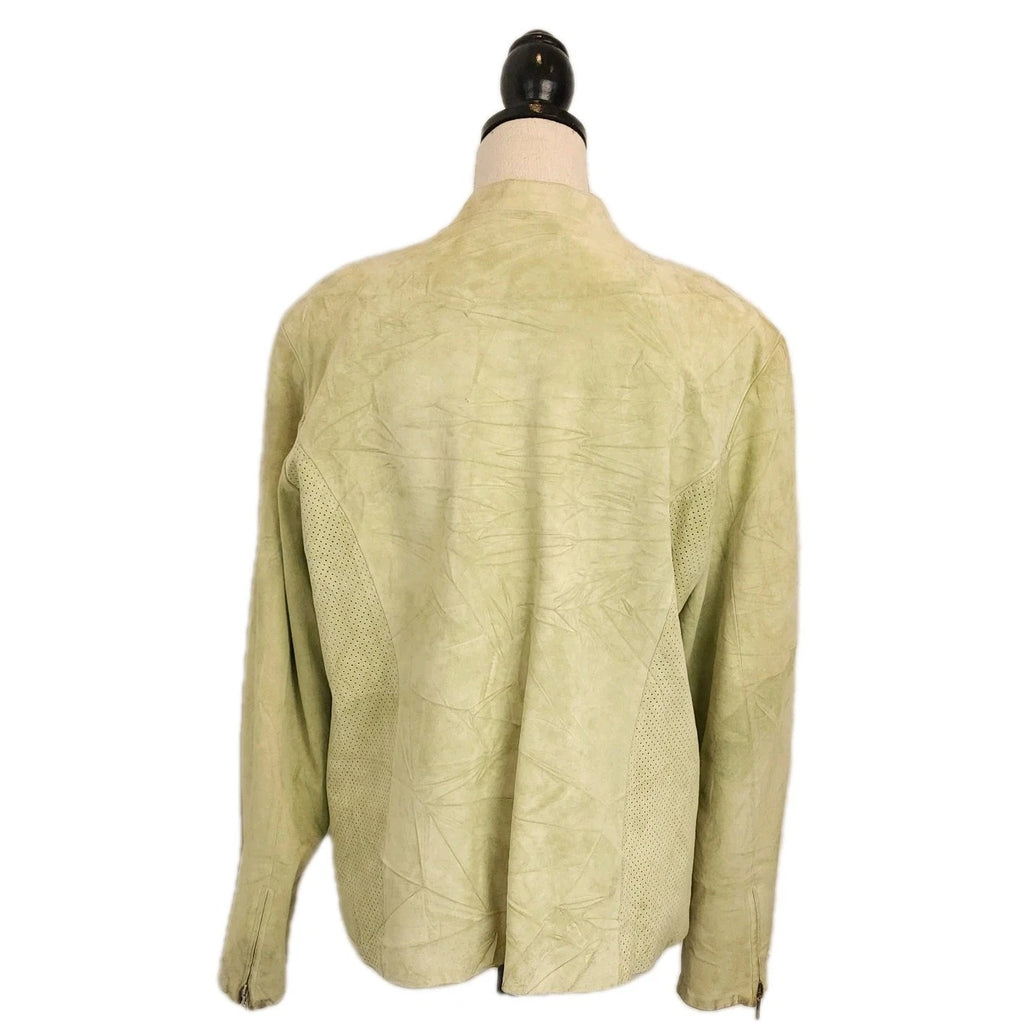 Olsen Cafe Racer Sz L Geniune Leather Biker Jacket Moss Green Full Zip