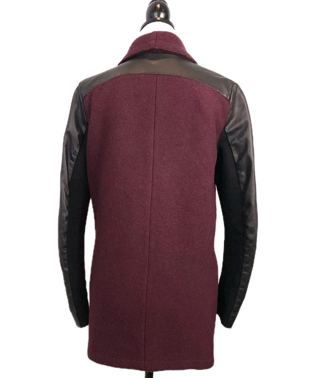 DANIER Leather & Wool Maroon Asymmetrical Coat Sz Medium